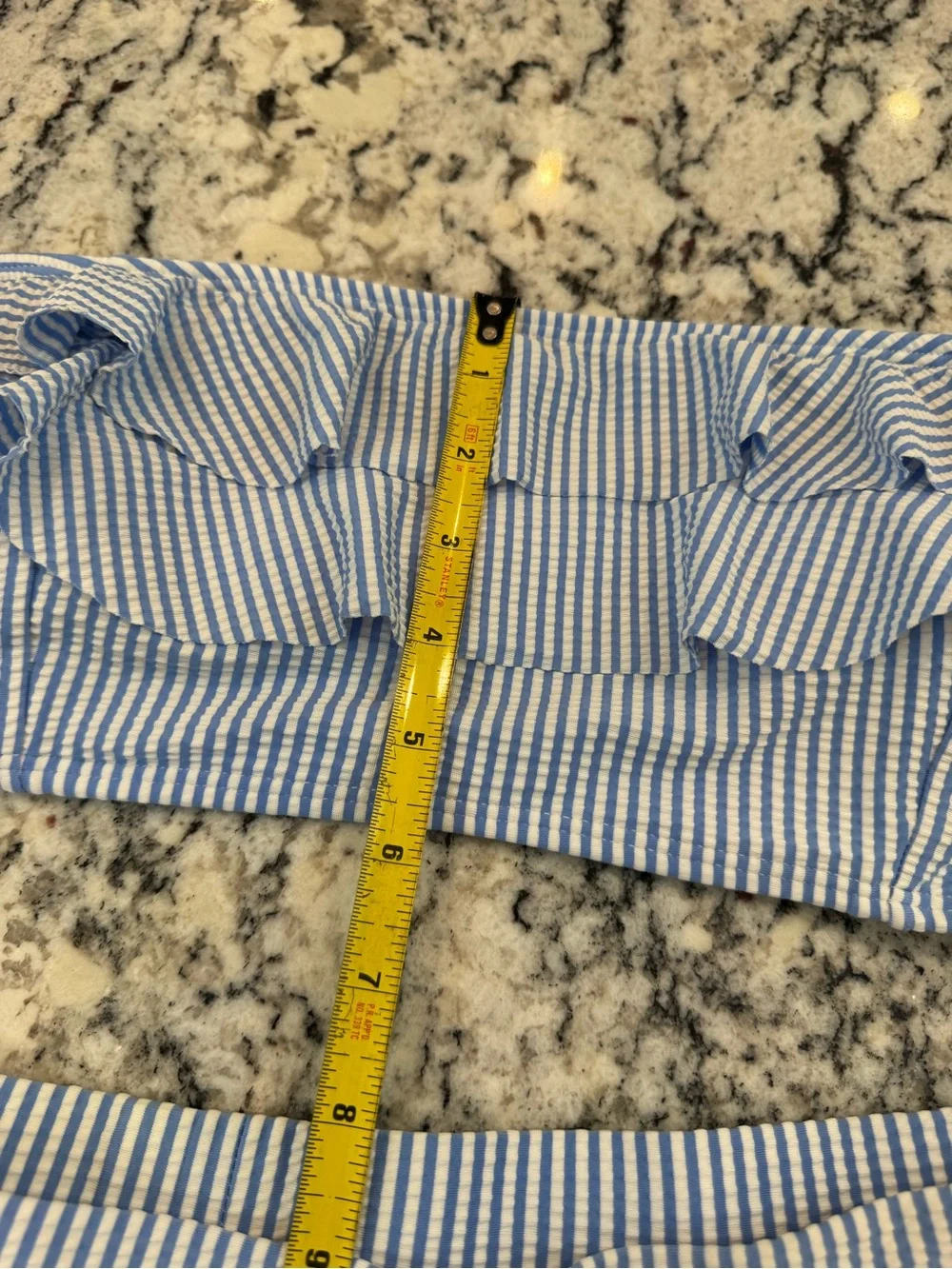 Blue & White Seersucker Ruffle Bandeau Bikini Set High Waist Size L - Picture 6 of 9